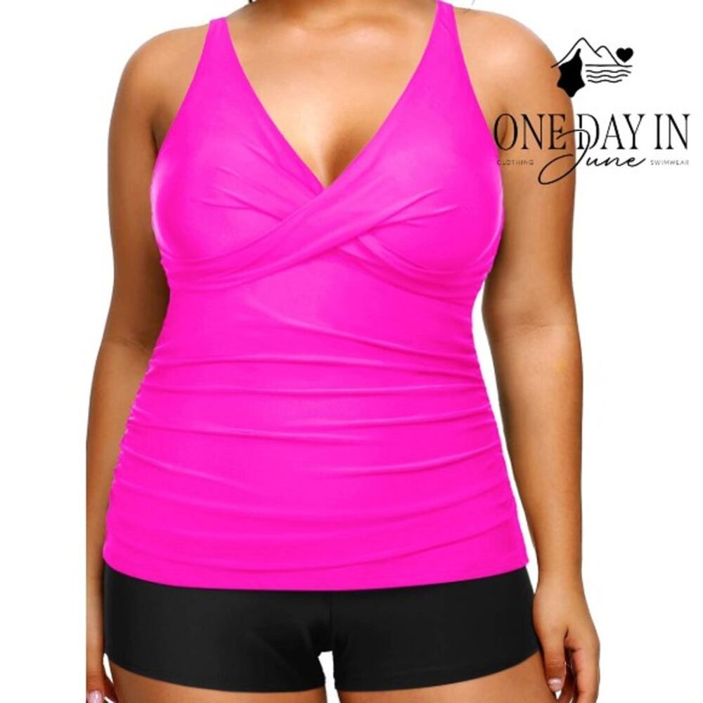 Aqua Eve Plus Size Cross Front Boyshort Tankini Swimsuit Hot Pink NWT Size 20W